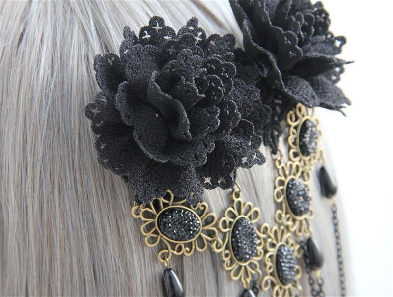 TanQiang Gothic Vintage Black Lace Rose Flower Hair Clip With Pearl Chain Tassels Hair Barrettes for Women Princess Headwear - Image 4